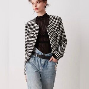 No Collar Houndstooth Jacket